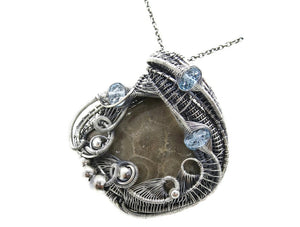 Petoskey Stone Pendant Necklace in Sterling Silver, Wire Wrapped with Blue Topaz