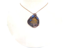 Load image into Gallery viewer, Petrified Wood and Blue Kyanite Wire-Wrapped Pendant Necklace in Bronze