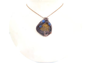 Petrified Wood and Blue Kyanite Wire-Wrapped Pendant Necklace in Bronze
