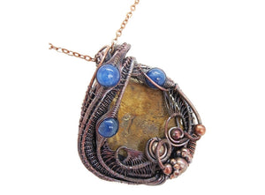 Petrified Wood and Blue Kyanite Wire-Wrapped Pendant Necklace in Bronze