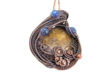Load image into Gallery viewer, Petrified Wood and Blue Kyanite Wire-Wrapped Pendant Necklace in Bronze
