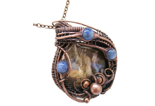 Petrified Wood Pendant Necklace, Wire-Wrapped in Bronze with Blue Kyanite