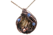 Load image into Gallery viewer, Petrified Wood Pendant Necklace, Wire-Wrapped in Bronze with Blue Kyanite