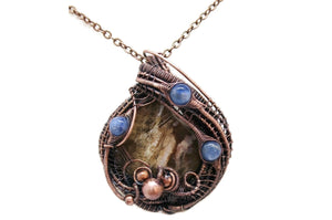 Petrified Wood Pendant Necklace, Wire-Wrapped in Bronze with Blue Kyanite