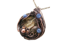 Load image into Gallery viewer, Petrified Wood Pendant Necklace, Wire-Wrapped in Bronze with Blue Kyanite