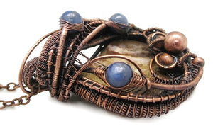 Petrified Wood Pendant Necklace, Wire-Wrapped in Bronze with Blue Kyanite