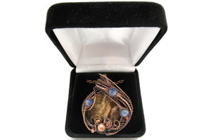 Petrified Wood Pendant Necklace, Wire-Wrapped in Bronze with Blue Kyanite