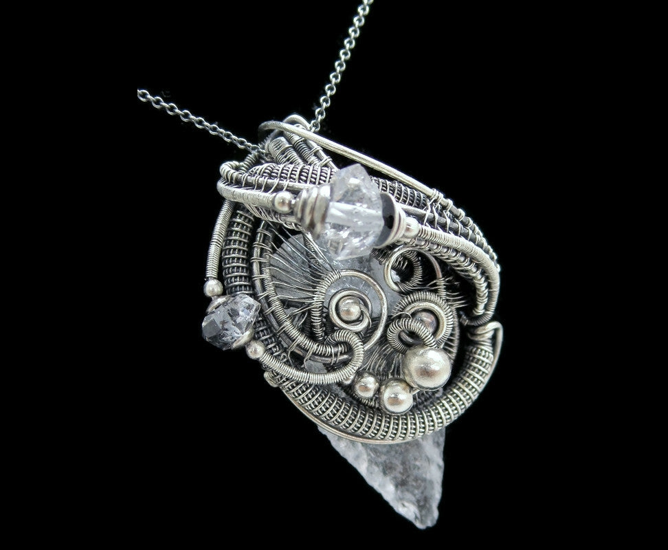 Quartz Crystal Arrowhead Pendant, Wire-Wrapped in Sterling Silver with Herkimer Diamonds