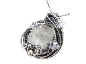 Quartz Pendant with Herkimer Diamonds, Wire-Wrapped in Sterling Silver