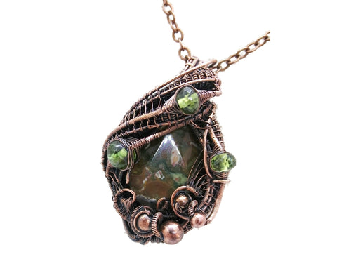 Rhyolite Pendant Necklace, Wire-Wrapped in Bronze with Peridot