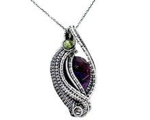 Load image into Gallery viewer, Amethyst Mini Woven Teardrop Pendant with Peridot: Sterling Silver Wire Wrap - Heather Jordan Jewelry