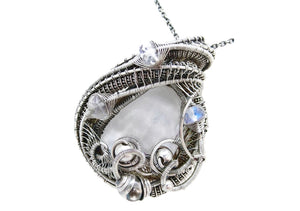 Selenite Pendant with Rainbow Moonstone, Wire-Wrapped in Sterling Silver