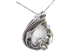 Selenite Pendant with Rainbow Moonstone, Wire-Wrapped in Sterling Silver