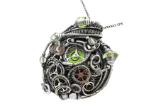 Load image into Gallery viewer, Yellow Disc Spirit Level Steampunk Pendant with UV-Reactive Glass, Wire-Wrapped in Sterling Silver