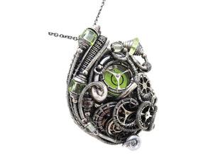 Yellow Disc Spirit Level Steampunk Pendant with UV-Reactive Glass, Wire-Wrapped in Sterling Silver