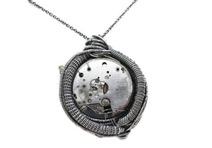 Yellow Disc Spirit Level Steampunk Pendant with UV-Reactive Glass, Wire-Wrapped in Sterling Silver