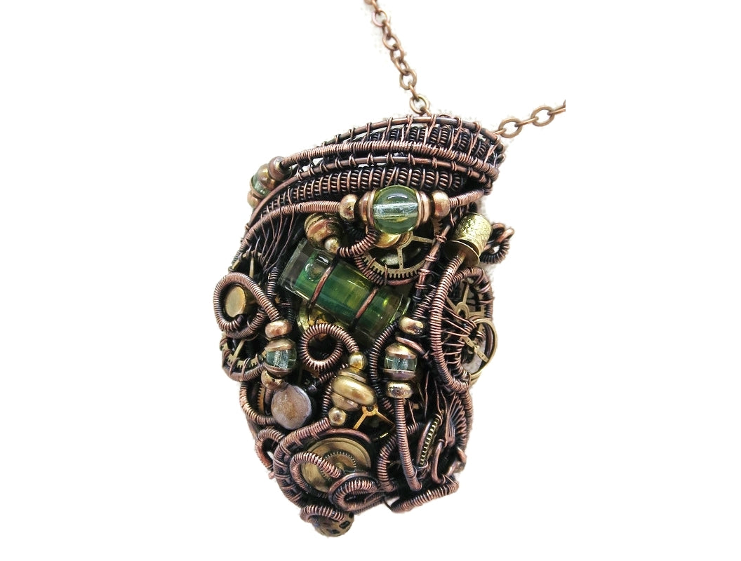 Yellow Tube Spirit Level Steampunk Pendant with UV-Reactive Glass, Wire-Wrapped in Bronze, Copper, and Brass