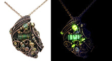 Load image into Gallery viewer, Yellow Tube Spirit Level Steampunk Pendant with UV-Reactive Glass, Wire-Wrapped in Bronze, Copper, and Brass