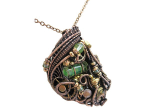 Yellow Tube Spirit Level Steampunk Pendant with UV-Reactive Glass, Wire-Wrapped in Bronze, Copper, and Brass