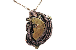 Yellow Tube Spirit Level Steampunk Pendant with UV-Reactive Glass, Wire-Wrapped in Bronze, Copper, and Brass