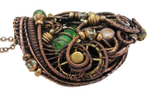 Load image into Gallery viewer, Yellow Tube Spirit Level Steampunk Pendant with UV-Reactive Glass, Wire-Wrapped in Bronze, Copper, and Brass