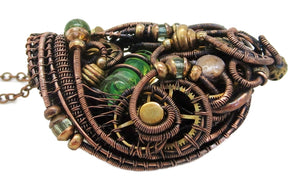 Yellow Tube Spirit Level Steampunk Pendant with UV-Reactive Glass, Wire-Wrapped in Bronze, Copper, and Brass