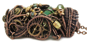 Yellow Tube Spirit Level Steampunk Pendant with UV-Reactive Glass, Wire-Wrapped in Bronze, Copper, and Brass