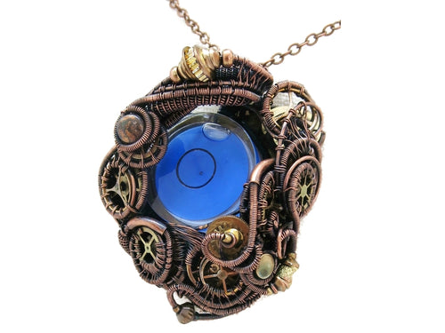 Blue Disc Spirit Level Steampunk Pendant, Wire-Wrapped in Bronze, Copper, and Brass