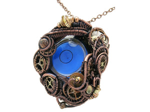 Blue Disc Spirit Level Steampunk Pendant, Wire-Wrapped in Bronze, Copper, and Brass