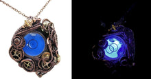 Load image into Gallery viewer, Blue Disc Spirit Level Steampunk Pendant, Wire-Wrapped in Bronze, Copper, and Brass