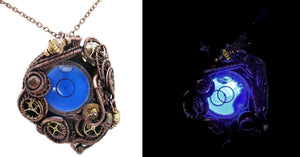 Blue Disc Spirit Level Steampunk Pendant, Wire-Wrapped in Bronze, Copper, and Brass