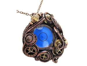 Blue Disc Spirit Level Steampunk Pendant, Wire-Wrapped in Bronze, Copper, and Brass