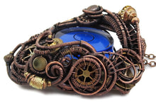 Load image into Gallery viewer, Blue Disc Spirit Level Steampunk Pendant, Wire-Wrapped in Bronze, Copper, and Brass