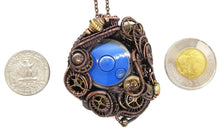 Load image into Gallery viewer, Blue Disc Spirit Level Steampunk Pendant, Wire-Wrapped in Bronze, Copper, and Brass
