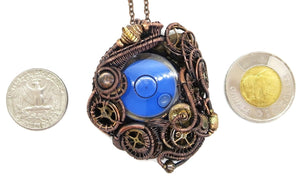 Blue Disc Spirit Level Steampunk Pendant, Wire-Wrapped in Bronze, Copper, and Brass
