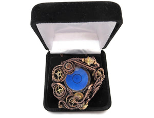 Blue Disc Spirit Level Steampunk Pendant, Wire-Wrapped in Bronze, Copper, and Brass