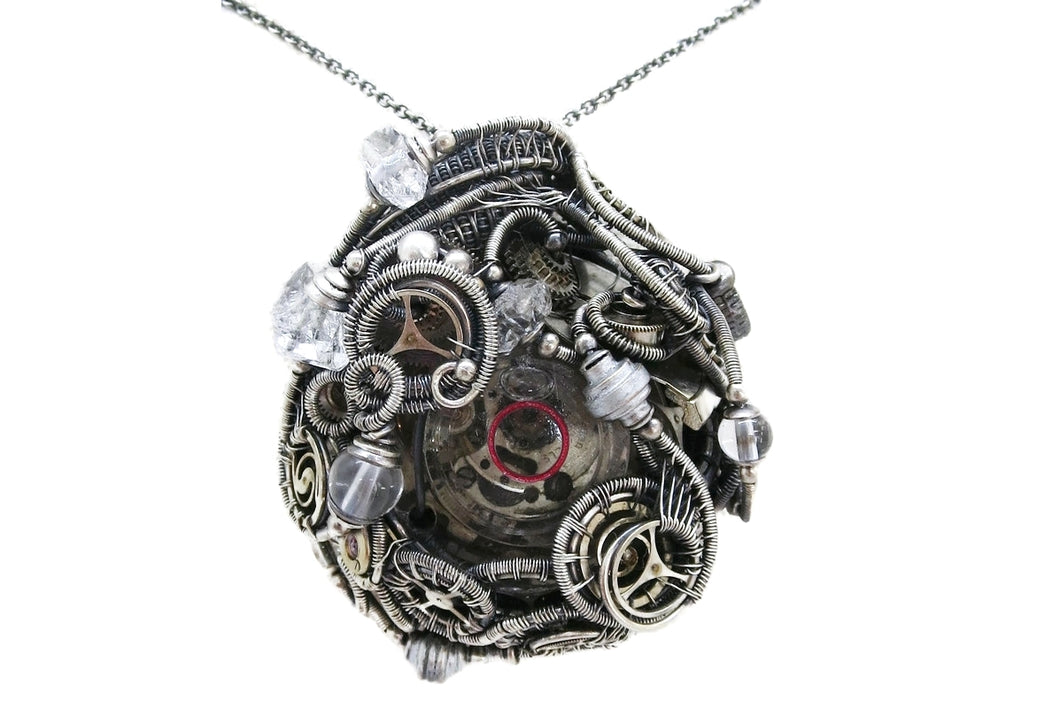 Spirit Level Steampunk Pendant with Herkimer Diamonds, Wire-Wrapped in Sterling Silver