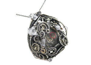 Spirit Level Steampunk Pendant with Herkimer Diamonds, Wire-Wrapped in Sterling Silver
