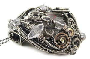 Spirit Level Steampunk Pendant with Herkimer Diamonds, Wire-Wrapped in Sterling Silver
