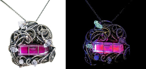 Pink Spirit Level Steampunk Pendant with Herkimer Diamonds, Wire-Wrapped in Sterling Silver