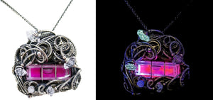 Pink Spirit Level Steampunk Pendant with Herkimer Diamonds, Wire-Wrapped in Sterling Silver