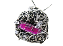 Load image into Gallery viewer, Pink Spirit Level Steampunk Pendant with Herkimer Diamonds, Wire-Wrapped in Sterling Silver