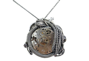 Pink Spirit Level Steampunk Pendant with Herkimer Diamonds, Wire-Wrapped in Sterling Silver