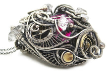 Load image into Gallery viewer, Pink Spirit Level Steampunk Pendant with Herkimer Diamonds, Wire-Wrapped in Sterling Silver