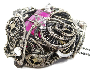 Pink Spirit Level Steampunk Pendant with Herkimer Diamonds, Wire-Wrapped in Sterling Silver