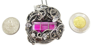 Pink Spirit Level Steampunk Pendant with Herkimer Diamonds, Wire-Wrapped in Sterling Silver