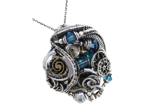 Blue Spirit Level Steampunk Pendant with Swarovski Crystal, Wire-Wrapped in Sterling Silver, Copper, with Stainless Steel Watch Gears