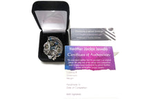 Load image into Gallery viewer, Blue Spirit Level Steampunk Pendant with Swarovski Crystal, Wire-Wrapped in Sterling Silver, Copper, with Stainless Steel Watch Gears