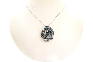 Blue Spirit Level Steampunk Pendant with Swarovski Crystal, Wire-Wrapped in Sterling Silver, Copper, with Stainless Steel Watch Gears