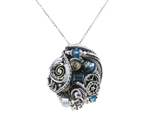 Load image into Gallery viewer, Blue Spirit Level Steampunk Pendant with Swarovski Crystal, Wire-Wrapped in Sterling Silver, Copper, with Stainless Steel Watch Gears